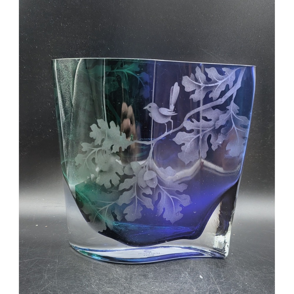 Jaguar 2002 Etched Art Glass Vase Blue Green Ombre Bird Oak Leaf Wave Shape